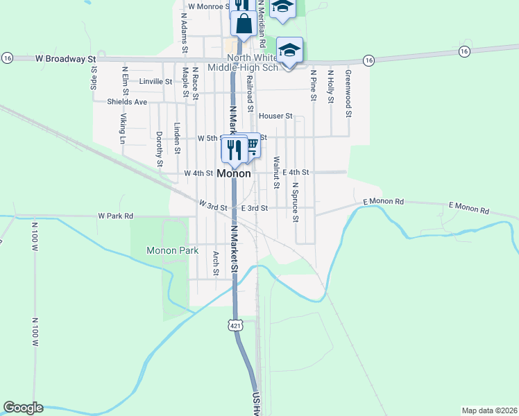 map of restaurants, bars, coffee shops, grocery stores, and more near 200 East 3rd Street in Monon