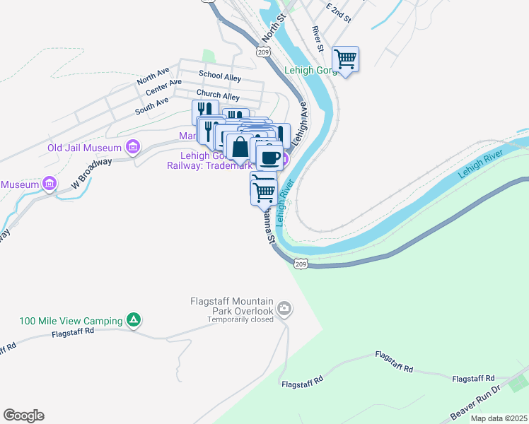 map of restaurants, bars, coffee shops, grocery stores, and more near 110 Susquehanna Street in Jim Thorpe