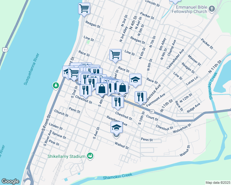 map of restaurants, bars, coffee shops, grocery stores, and more near 449 Woodlawn Avenue in Sunbury