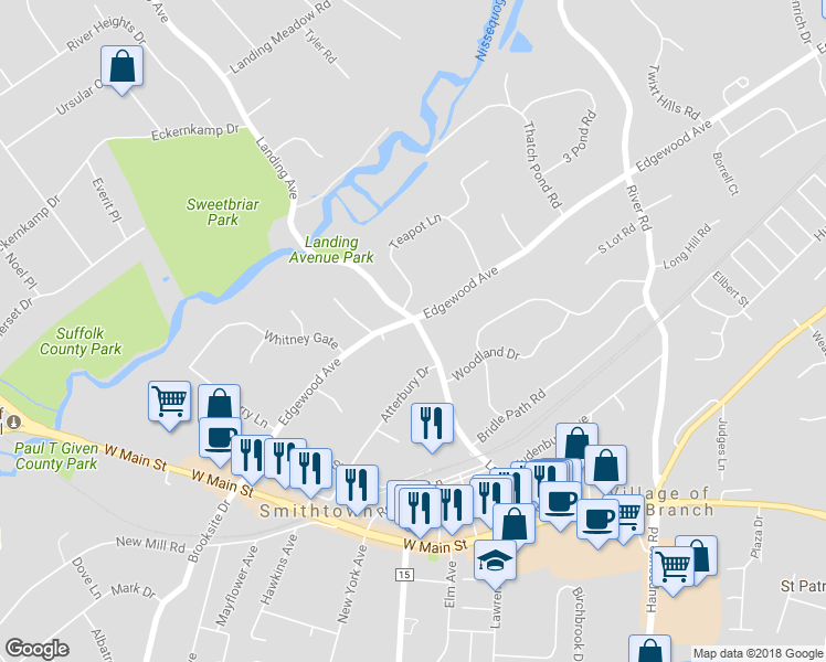 map of restaurants, bars, coffee shops, grocery stores, and more near 172 Landing Avenue in Smithtown