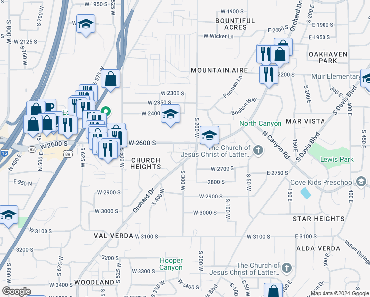 map of restaurants, bars, coffee shops, grocery stores, and more near 253 West 2600 South in Bountiful