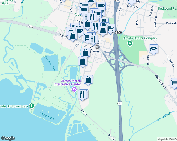 map of restaurants, bars, coffee shops, grocery stores, and more near 13f Front Street in Arcata