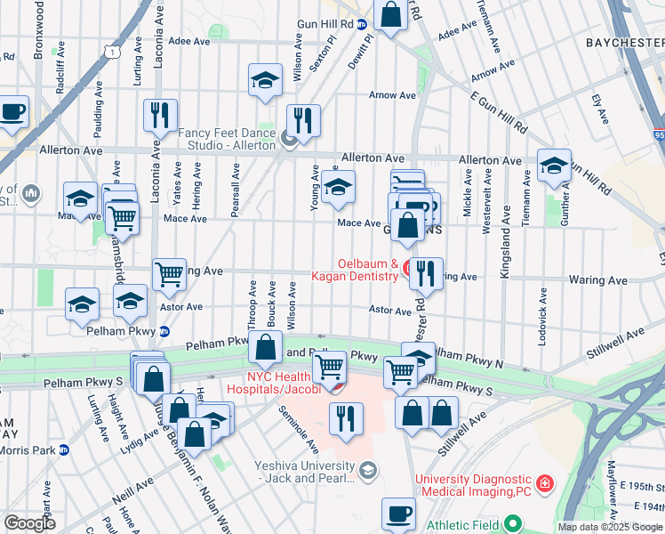 map of restaurants, bars, coffee shops, grocery stores, and more near 2410 Young Avenue in Bronx