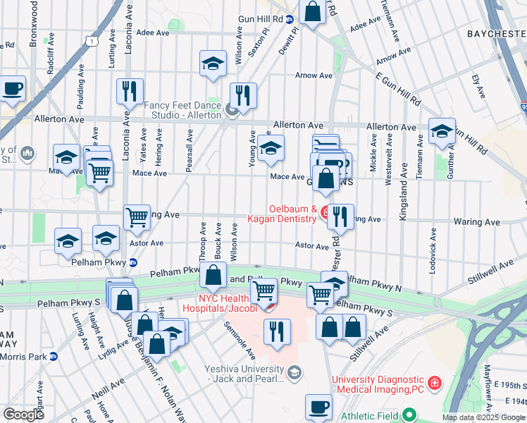map of restaurants, bars, coffee shops, grocery stores, and more near 2410 Young Avenue in Bronx