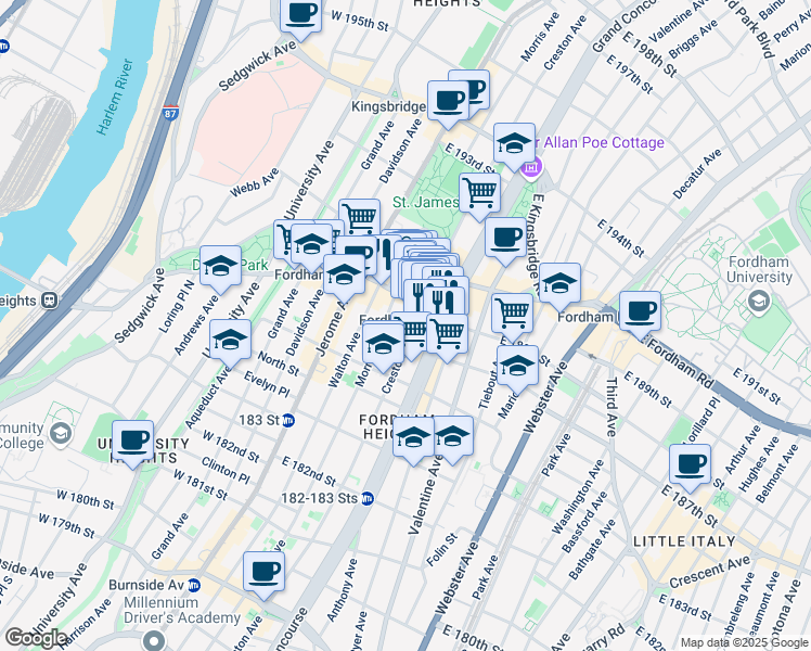 map of restaurants, bars, coffee shops, grocery stores, and more near in The Bronx