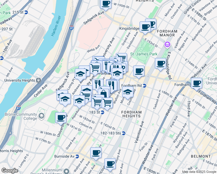 map of restaurants, bars, coffee shops, grocery stores, and more near 2391 Davidson Avenue in Bronx