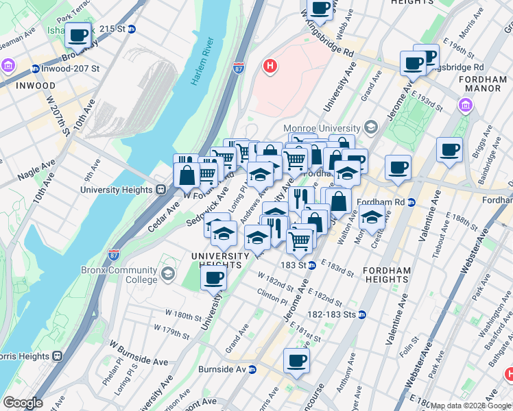 map of restaurants, bars, coffee shops, grocery stores, and more near 2300 Loring Place North in Bronx