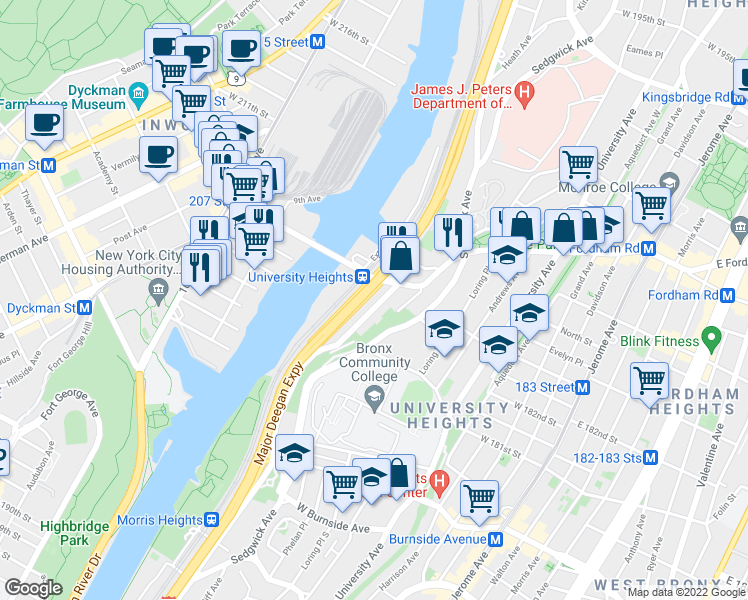 map of restaurants, bars, coffee shops, grocery stores, and more near 296 West Fordham Road in Bronx