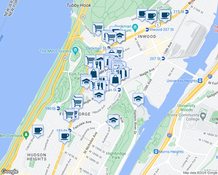 map of restaurants, bars, coffee shops, grocery stores, and more near 15 Sickles Street in New York