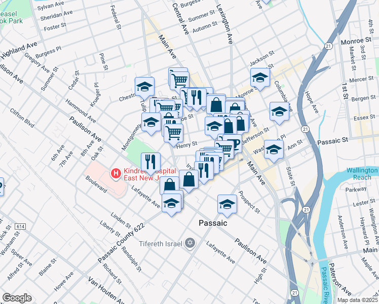 map of restaurants, bars, coffee shops, grocery stores, and more near 87 Henry Street in Passaic
