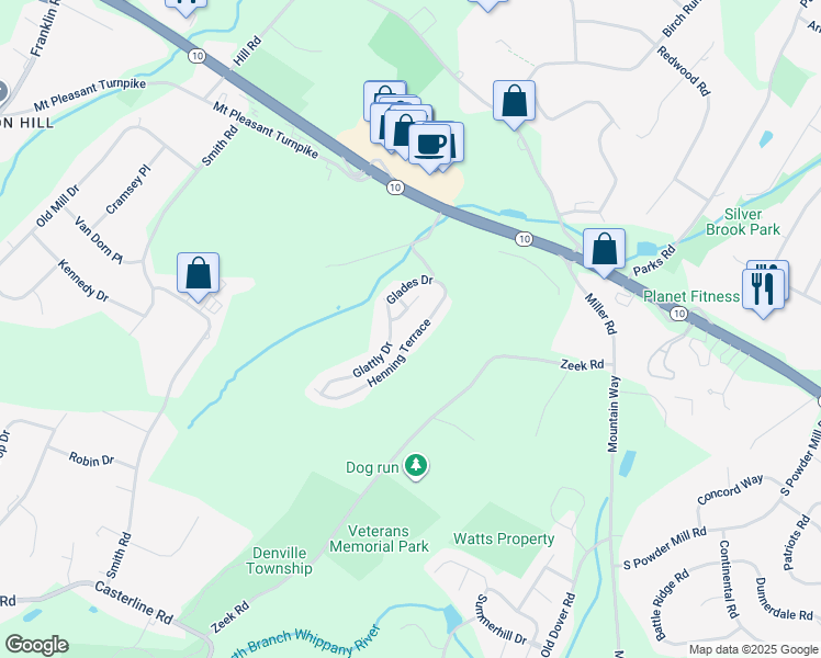 map of restaurants, bars, coffee shops, grocery stores, and more near 10 Ardsley Court in Denville