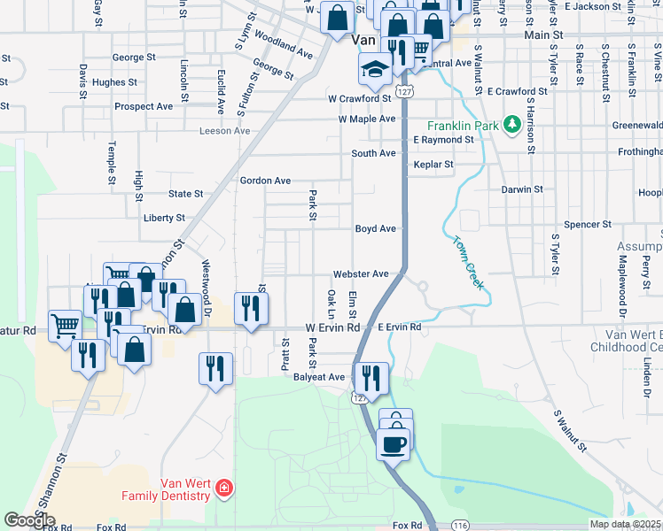 map of restaurants, bars, coffee shops, grocery stores, and more near 227 Webster Avenue in Van Wert