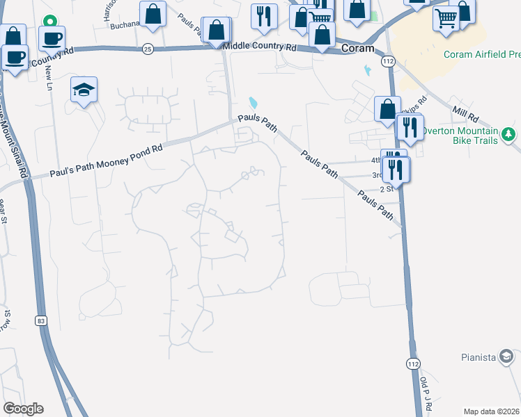 map of restaurants, bars, coffee shops, grocery stores, and more near 103 Birchwood Road in Coram