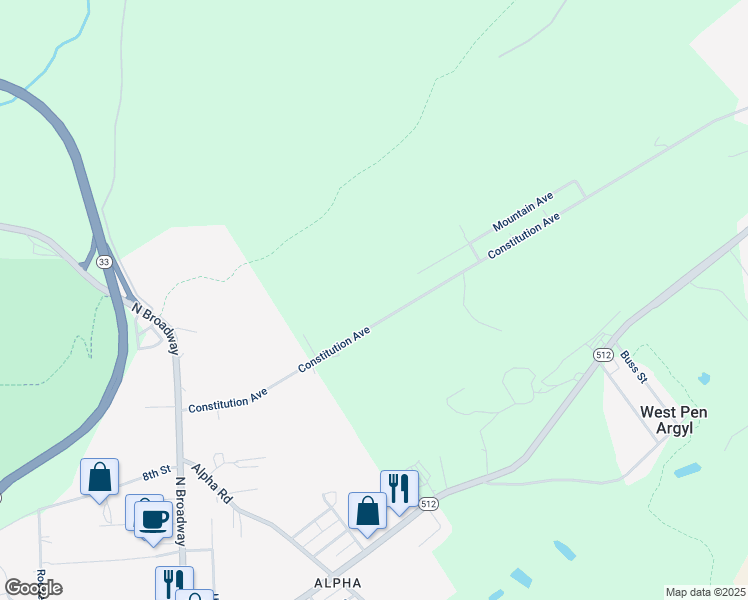 map of restaurants, bars, coffee shops, grocery stores, and more near 1045 Constitution Ave in Pen Argyl