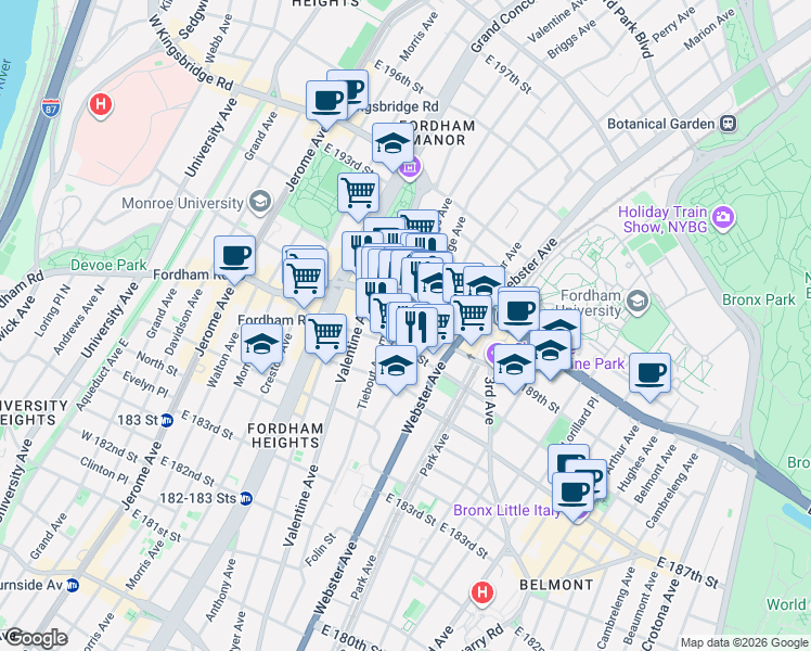map of restaurants, bars, coffee shops, grocery stores, and more near 321 East Fordham Road in The Bronx