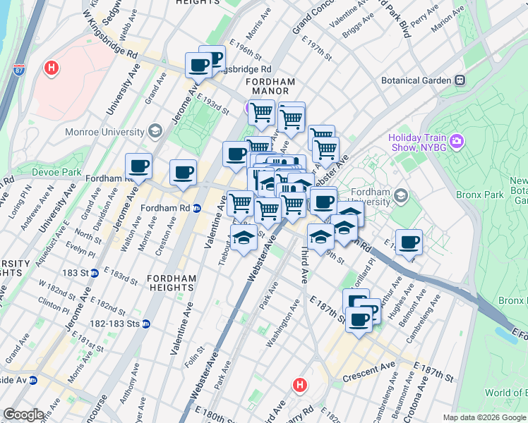 map of restaurants, bars, coffee shops, grocery stores, and more near 360 East Fordham Road in The Bronx