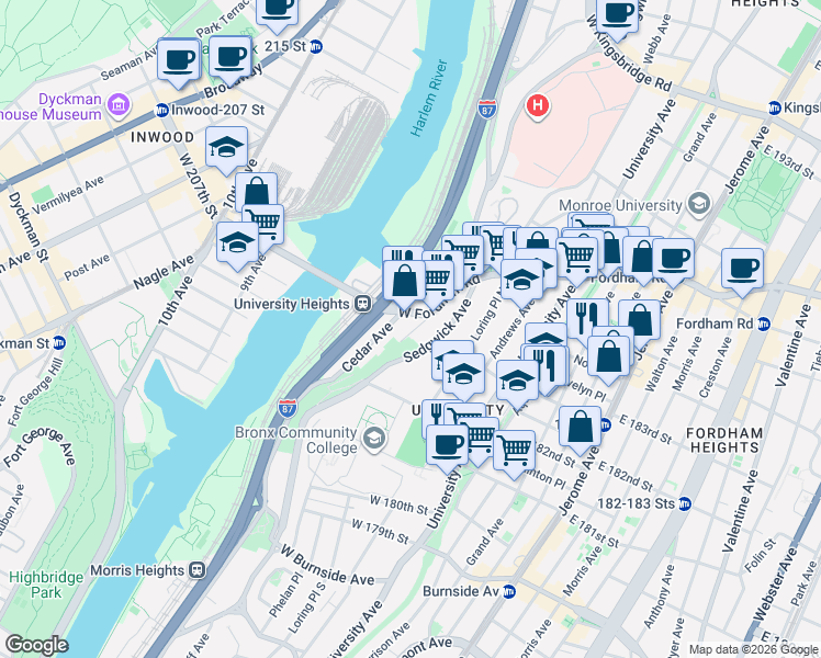 map of restaurants, bars, coffee shops, grocery stores, and more near in The Bronx