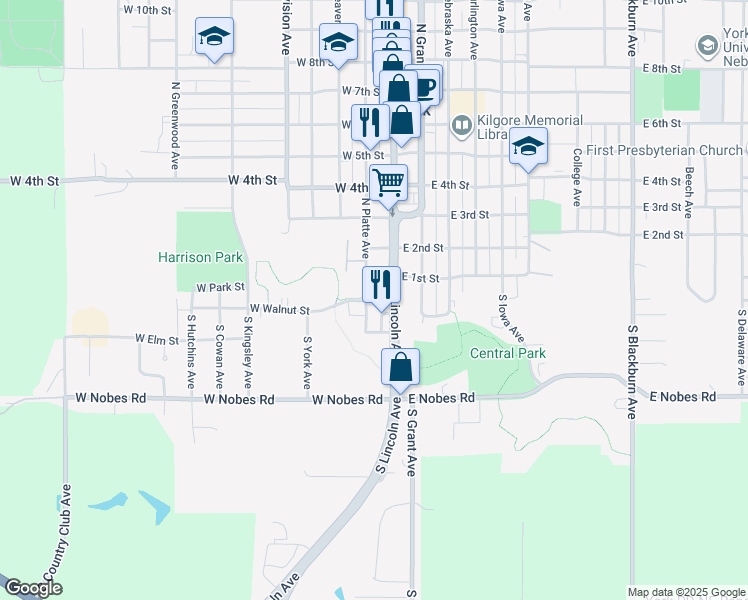 map of restaurants, bars, coffee shops, grocery stores, and more near 87 South Platte Avenue in York