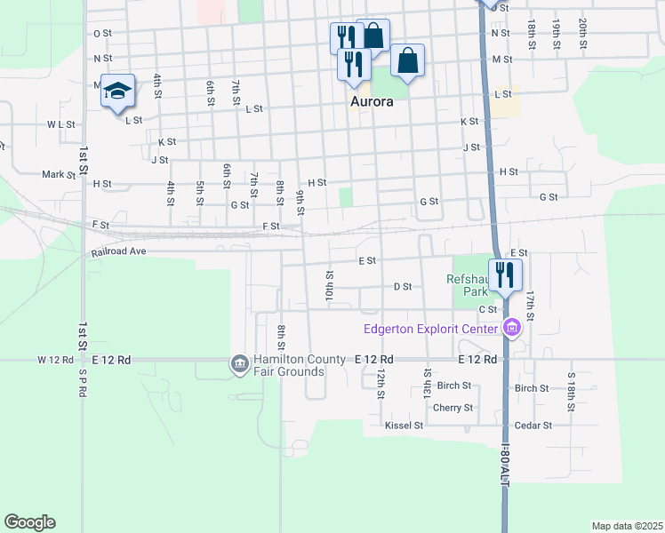 map of restaurants, bars, coffee shops, grocery stores, and more near 953-999 E St in Aurora