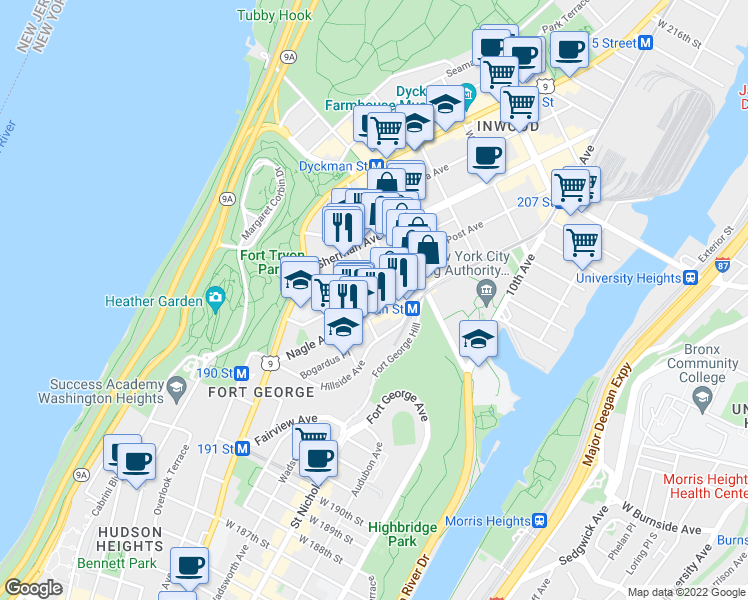 map of restaurants, bars, coffee shops, grocery stores, and more near 6 Arden Street in New York