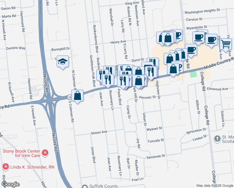 map of restaurants, bars, coffee shops, grocery stores, and more near 3 Paula Boulevard in Selden