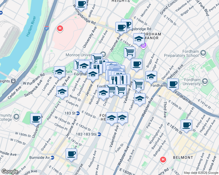 map of restaurants, bars, coffee shops, grocery stores, and more near in The Bronx