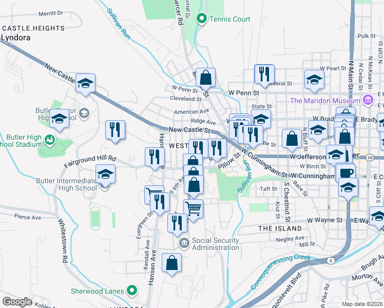 map of restaurants, bars, coffee shops, grocery stores, and more near 202 5th Avenue in Butler