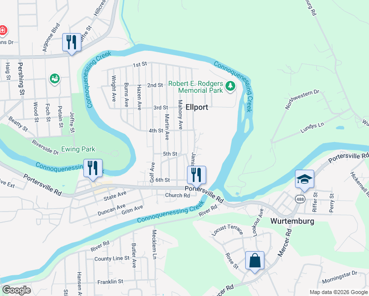 map of restaurants, bars, coffee shops, grocery stores, and more near 415 Mahony Avenue in Ellwood City