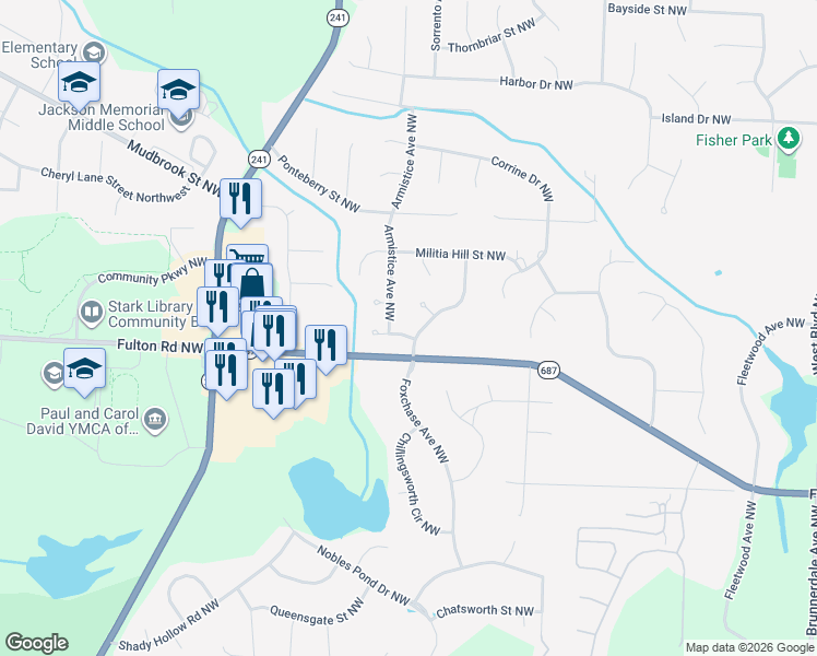 map of restaurants, bars, coffee shops, grocery stores, and more near 5545 Foxchase Avenue Northwest in Canton