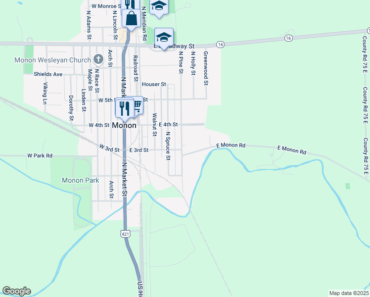 map of restaurants, bars, coffee shops, grocery stores, and more near 301 North Pine Street in Monon