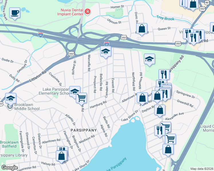map of restaurants, bars, coffee shops, grocery stores, and more near 66 Bound Brook Road in Parsippany-Troy Hills