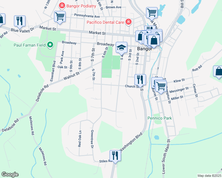map of restaurants, bars, coffee shops, grocery stores, and more near 510 South 5th Street in Bangor