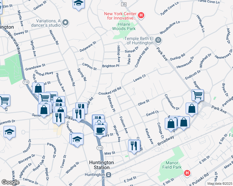 map of restaurants, bars, coffee shops, grocery stores, and more near 117 Folsom Avenue in Huntington Station