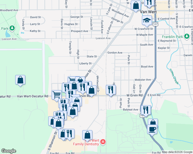map of restaurants, bars, coffee shops, grocery stores, and more near 1034 Westwood Drive in Van Wert