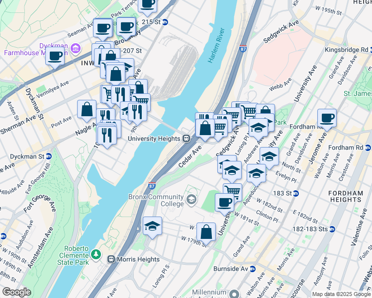 map of restaurants, bars, coffee shops, grocery stores, and more near Major William Francis Deegan Expy in Bronx