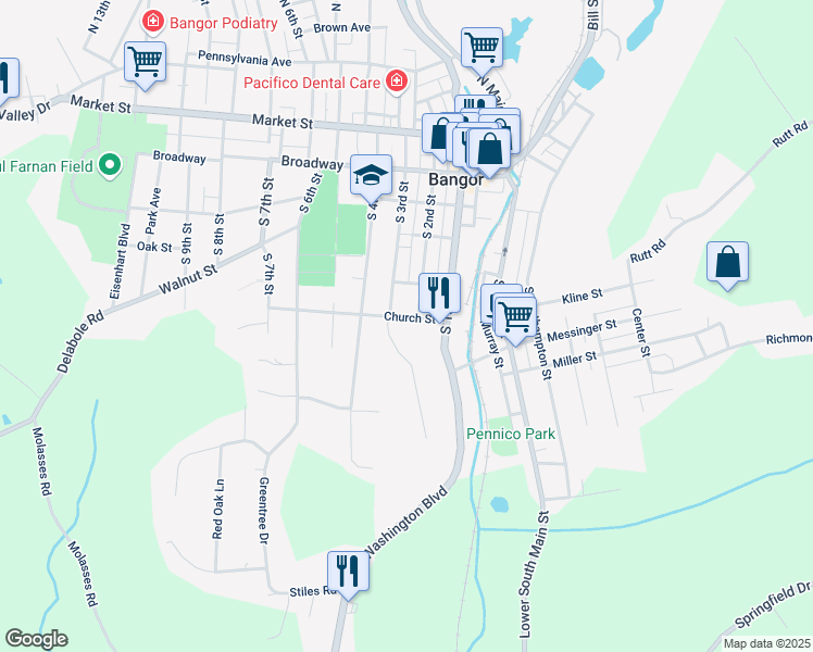 map of restaurants, bars, coffee shops, grocery stores, and more near 214 Church Street in Bangor
