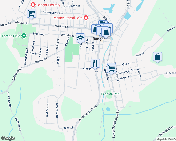 map of restaurants, bars, coffee shops, grocery stores, and more near 214 Church St in Bangor