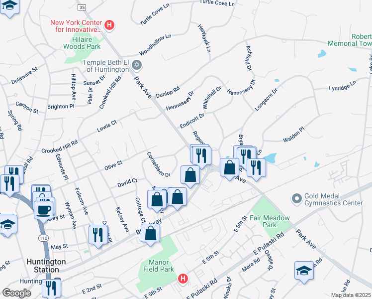 map of restaurants, bars, coffee shops, grocery stores, and more near 709 Park Avenue in Huntington