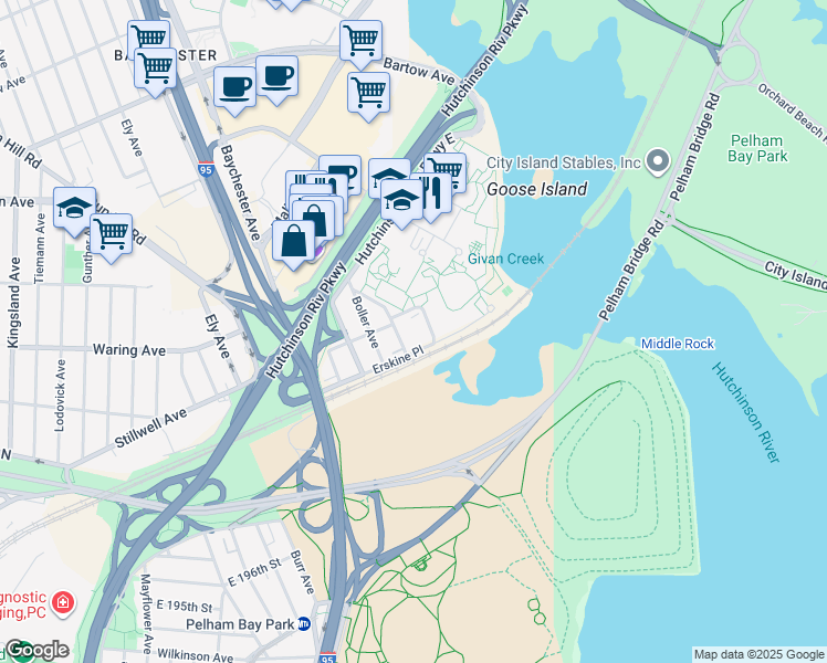 map of restaurants, bars, coffee shops, grocery stores, and more near 80 Erskine Place in Bronx