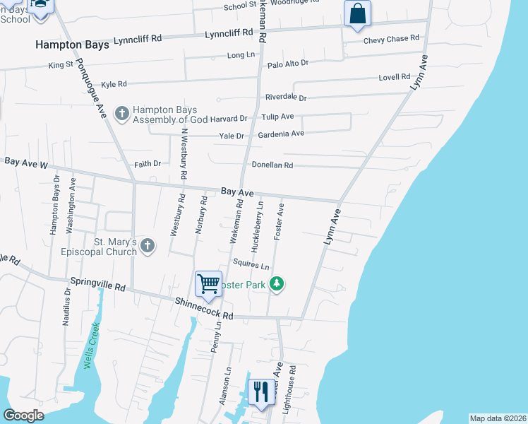 map of restaurants, bars, coffee shops, grocery stores, and more near 6 Foster Avenue in Hampton Bays