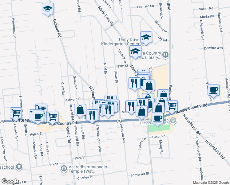 map of restaurants, bars, coffee shops, grocery stores, and more near 118 Noel Drive in Centereach