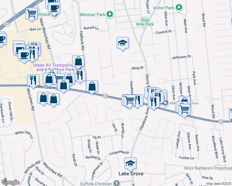 map of restaurants, bars, coffee shops, grocery stores, and more near 2995 Middle Country Road in Lake Grove