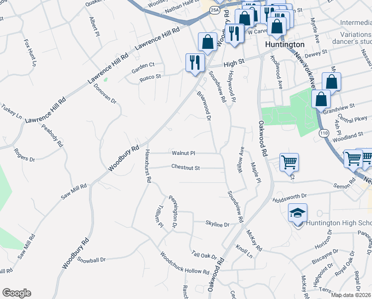 map of restaurants, bars, coffee shops, grocery stores, and more near 17 Spruce Court in Huntington