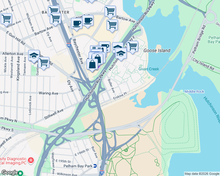 map of restaurants, bars, coffee shops, grocery stores, and more near 2305 Boller Avenue in Bronx