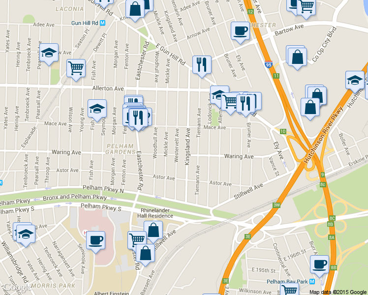 map of restaurants, bars, coffee shops, grocery stores, and more near 2417 Kingsland Avenue in Bronx