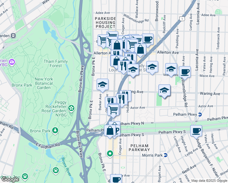 map of restaurants, bars, coffee shops, grocery stores, and more near White Plains Road & Waring Avenue in Bronx