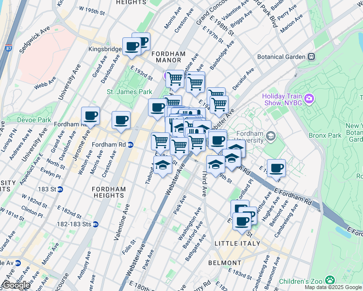 map of restaurants, bars, coffee shops, grocery stores, and more near 360 East Fordham Road in The Bronx