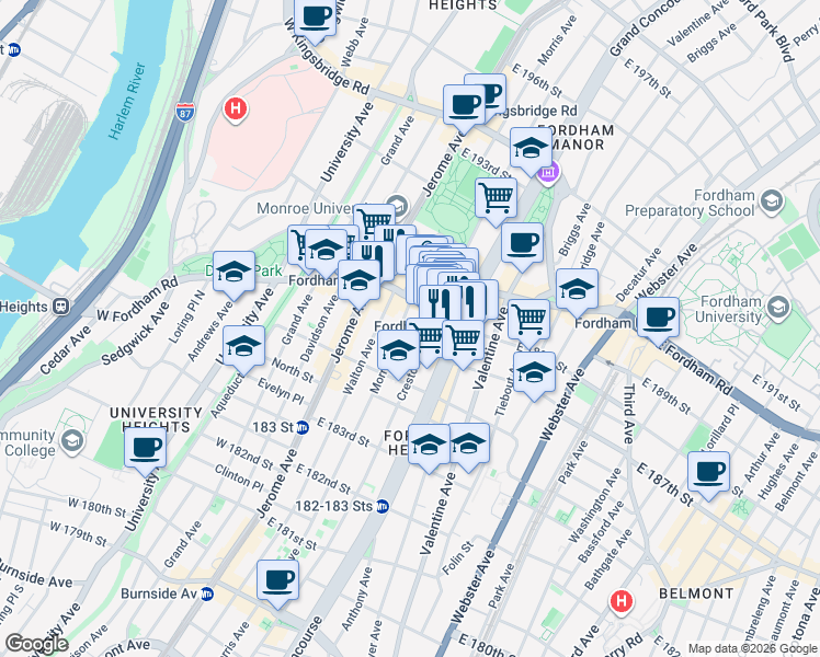 map of restaurants, bars, coffee shops, grocery stores, and more near in The Bronx