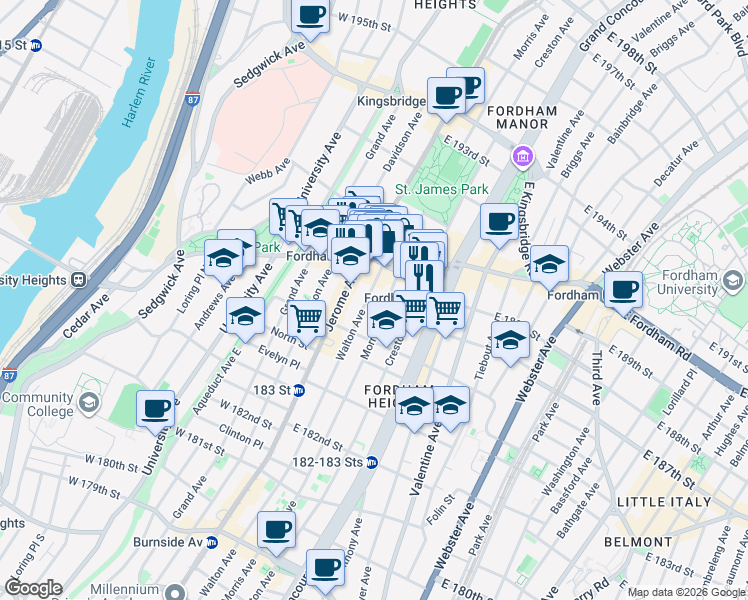 map of restaurants, bars, coffee shops, grocery stores, and more near 2430 Walton Avenue in Bronx
