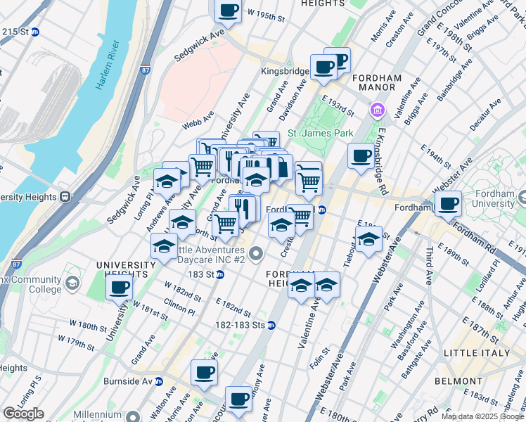 map of restaurants, bars, coffee shops, grocery stores, and more near 2411 Jerome Avenue in Bronx